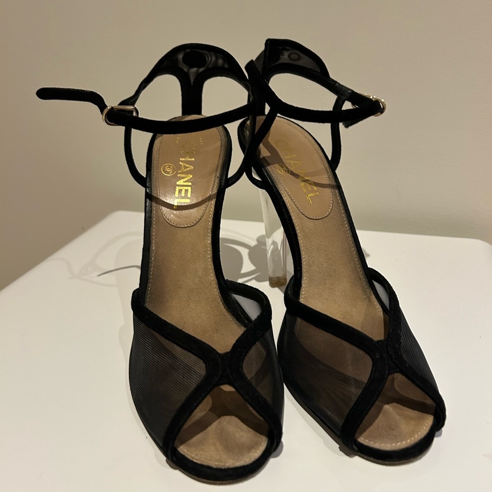 Classic Chanel Vintage Black Sheer Open-Toed shoes